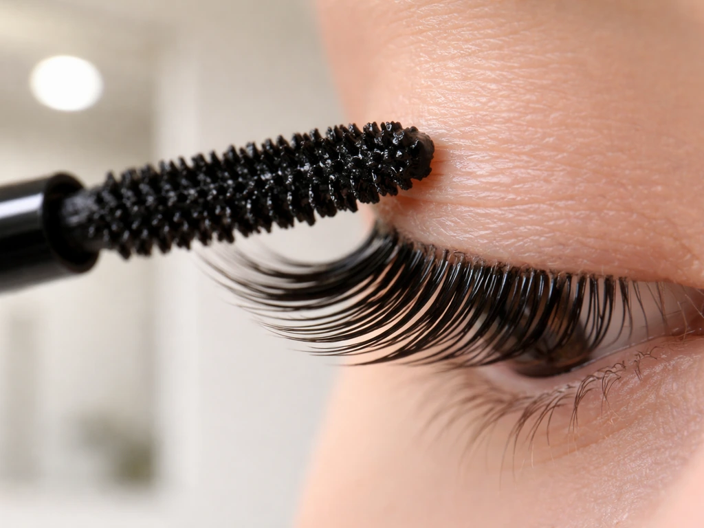 Close-up of a mascara wand coating lashes with a subtle tubing effect in soft natural light.