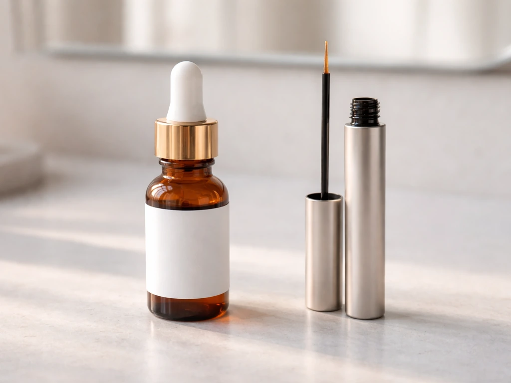 Two lash growth products side-by-side: bimatoprost-style dropper and a non-prescription lash serum applicator.