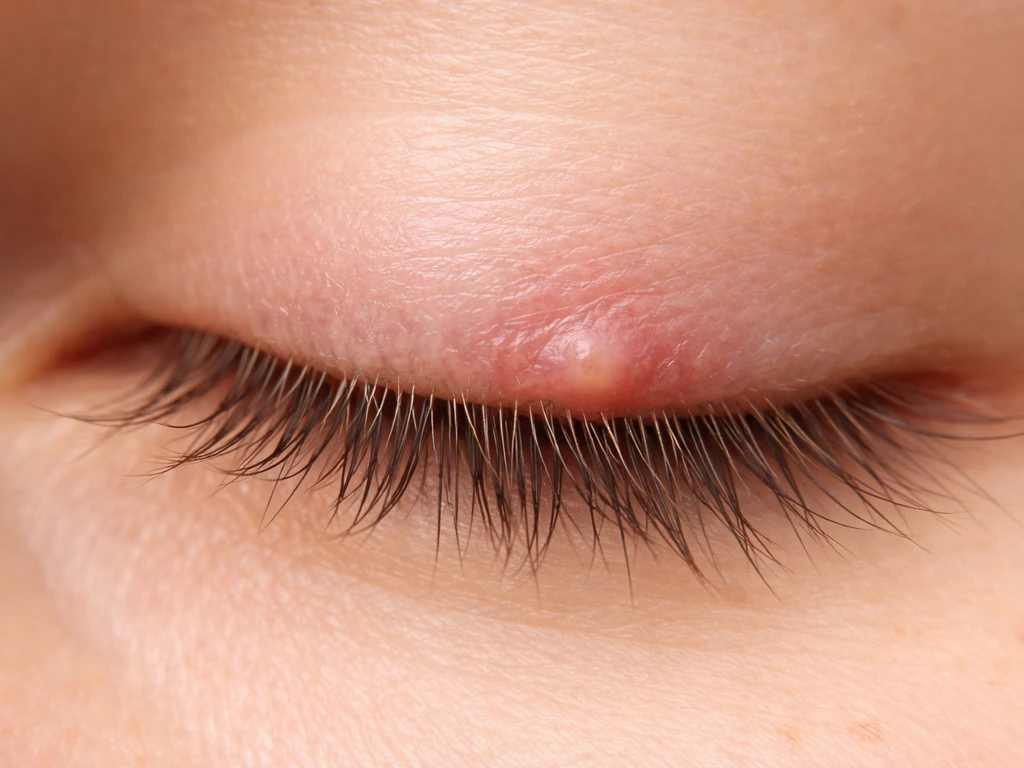Close-up of upper eyelid with eyelashes, a small stye-like bump, and mild redness along the lash line.