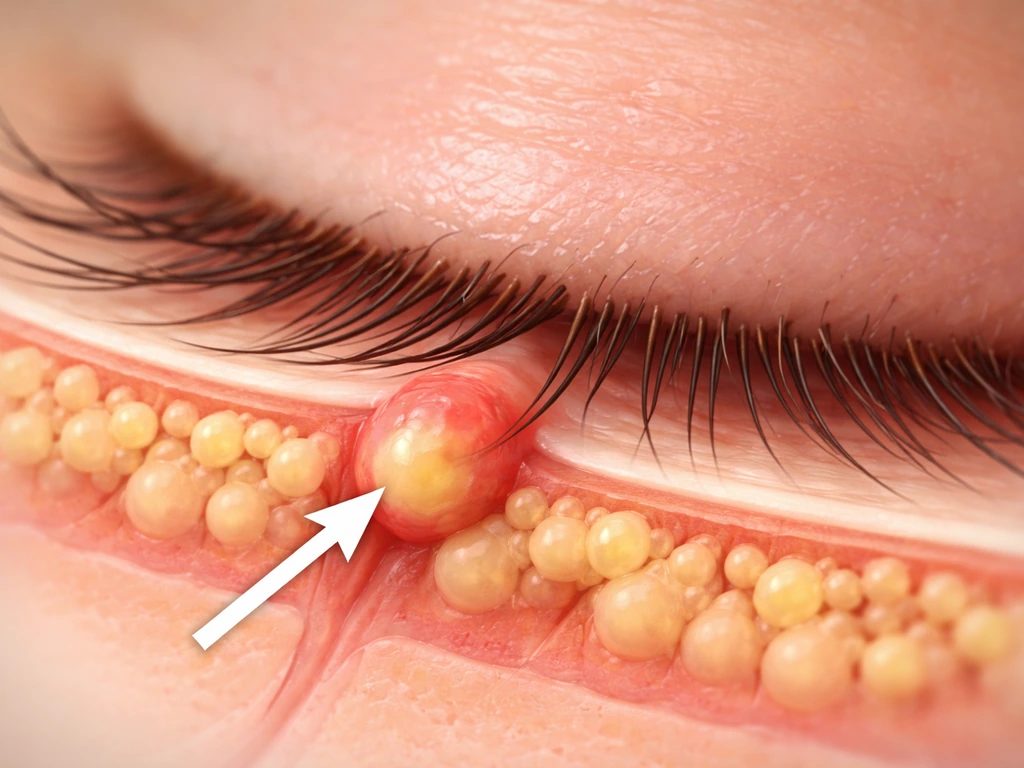 Macro close-up of an eyelid showing a swollen gland near lash roots and pus-like inflammation toward follicles.