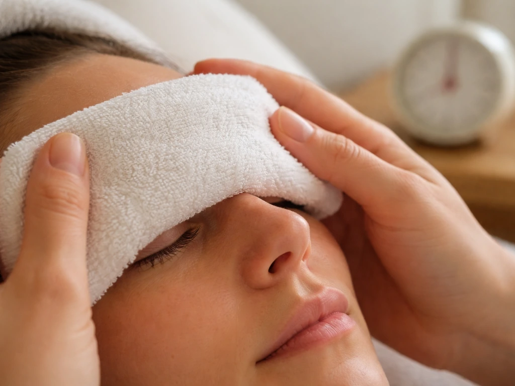 Hands gently apply a warm moist cloth compress over a closed eyelid with a small timer nearby.