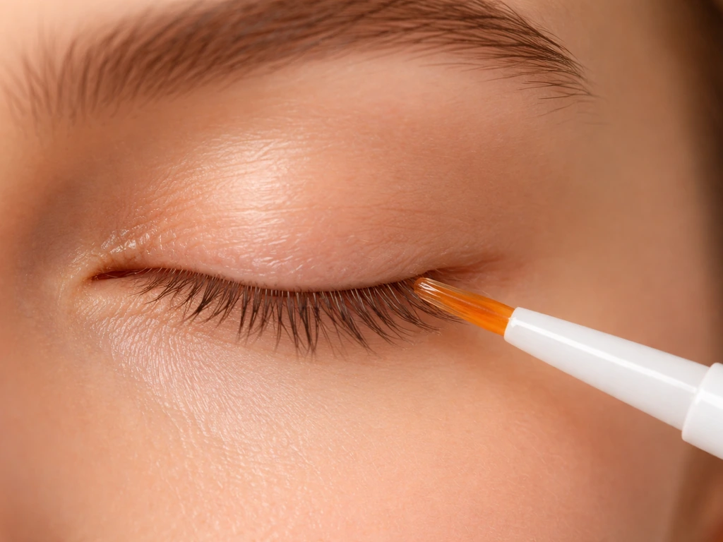 Close-up of a healed eyelid with a lash serum applicator brush applying along the lash line.