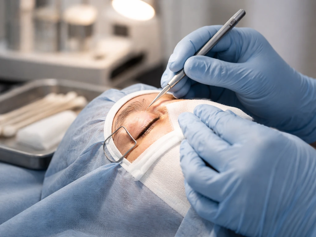 Doctor’s gloved hands perform sterile incision and drainage on an eyelid lesion during an eye exam.