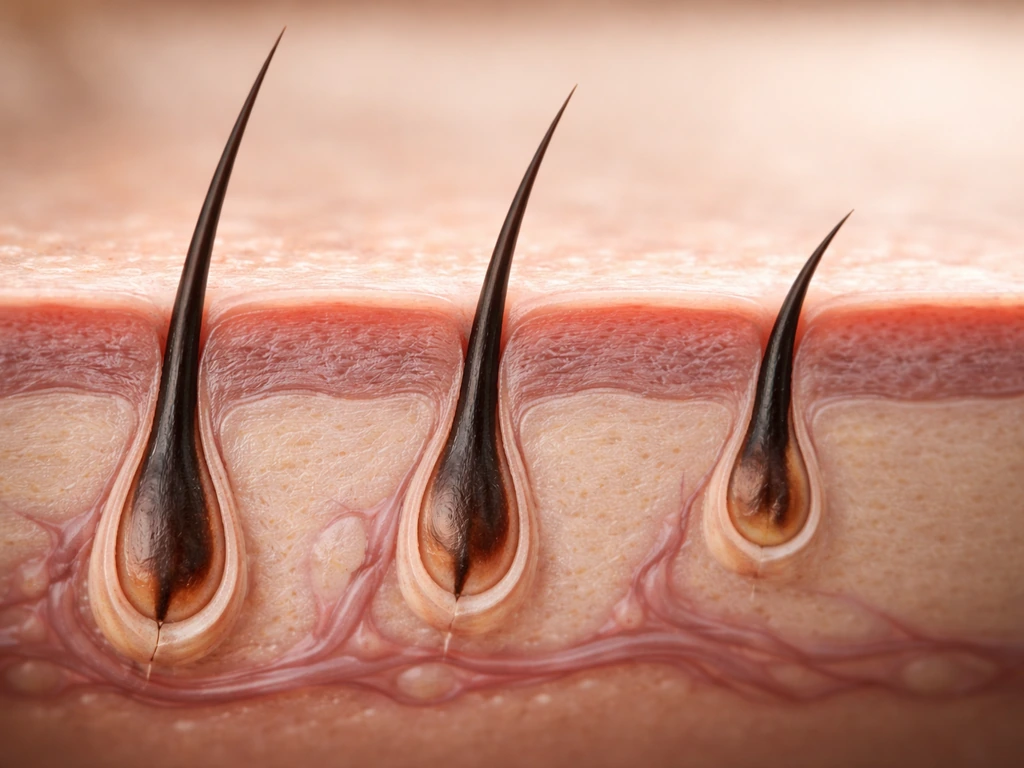 Macro view of a simplified eyelash follicle showing three growth phases with no text.