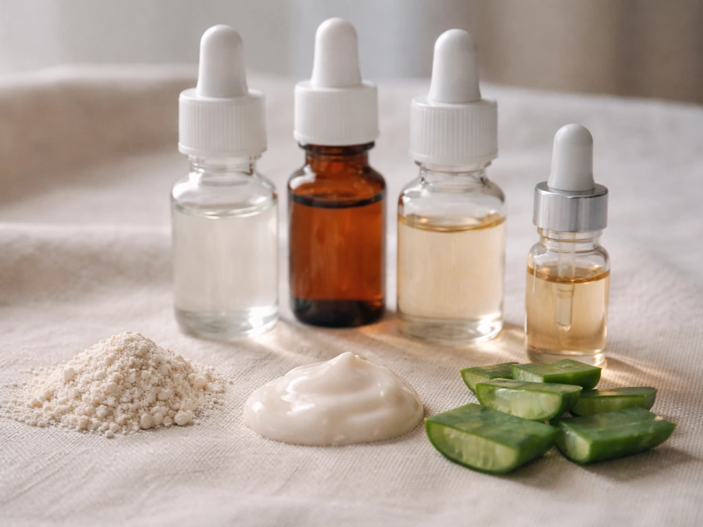 Close-up of small unlabeled dropper serums and loose ingredient textures on a neutral cloth background.