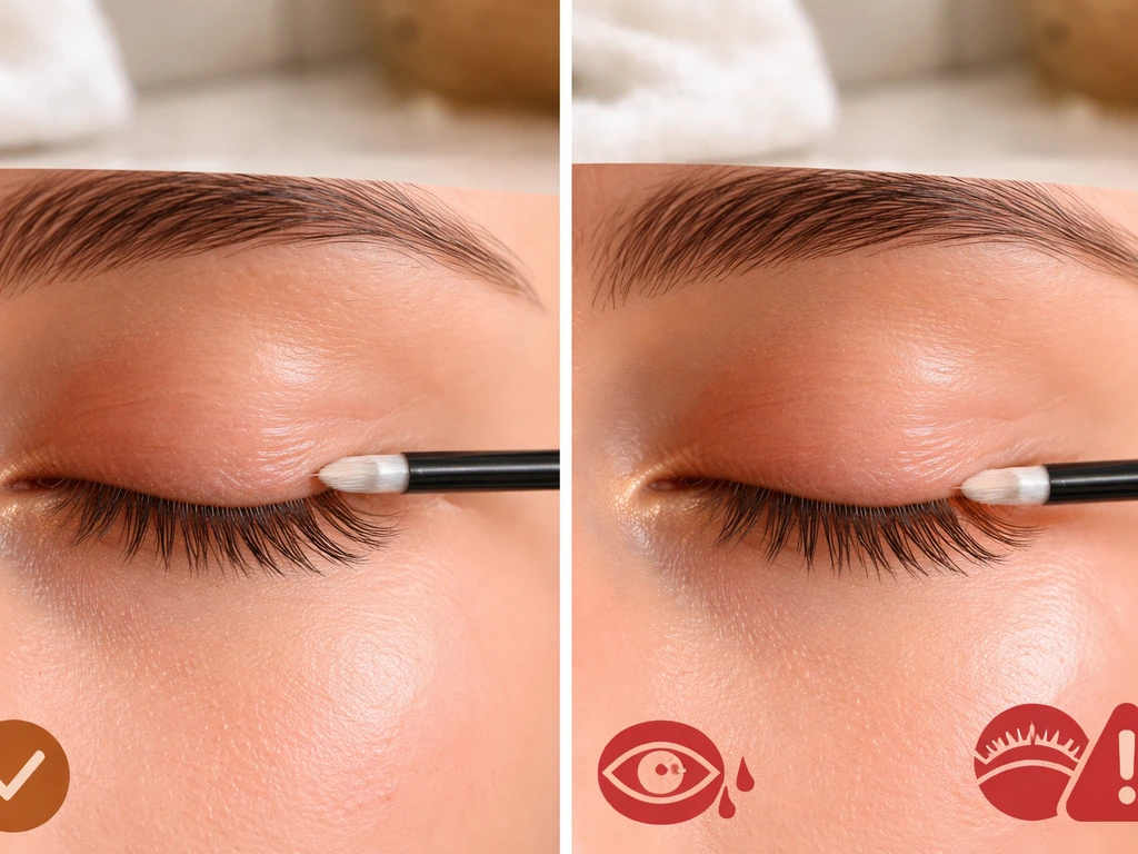 Left shows a careful lash applicator touching the upper lash line; right shows irritation cues near the eye.