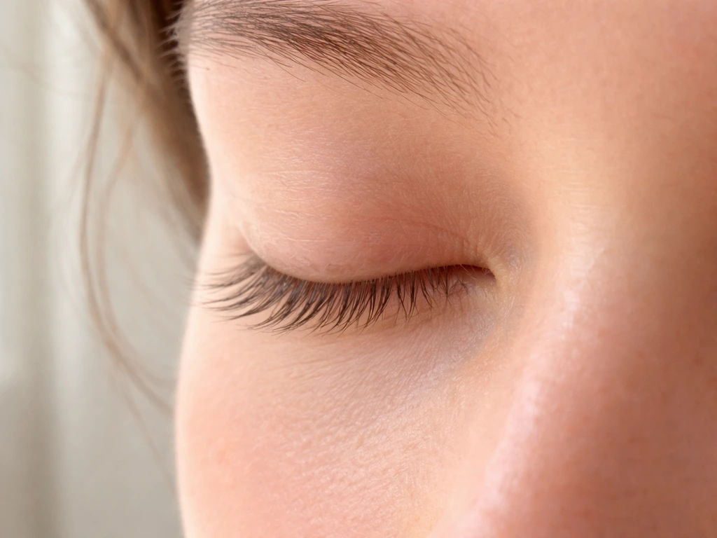 Close-up of eyelashes with a faint postpartum recovery feel, showing gradual regrowth along a natural lash line.