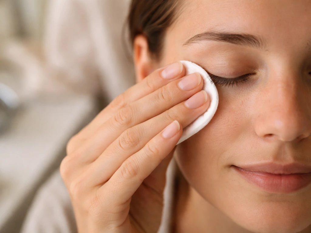 Gentle cotton pad eyelid-care moment with closed eye area and soothing hands on a clean counter.