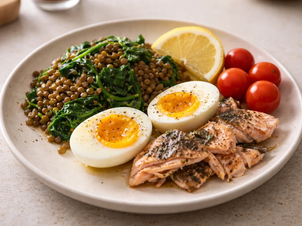 Plate with lentils and spinach, soft-boiled eggs, and fatty fish with a lemon wedge on the side.