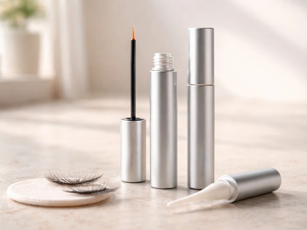 Close-up of an over-the-counter lash serum tube with a slim applicator tip poised near lashes