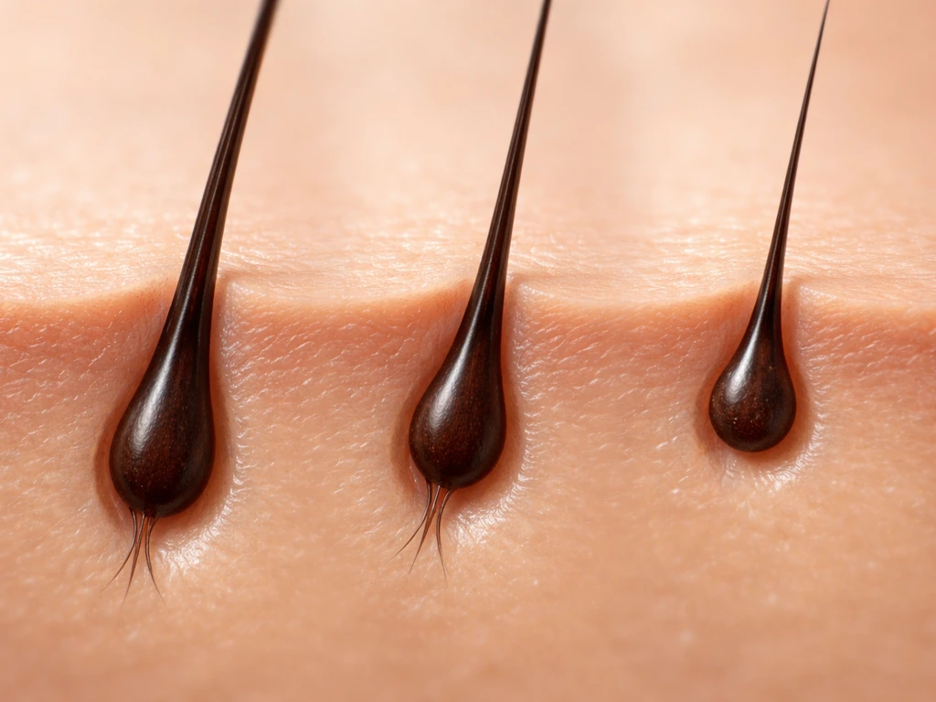Close-up of an eyelash follicle with soft, minimal three-phase look—growth, transition, and rest.