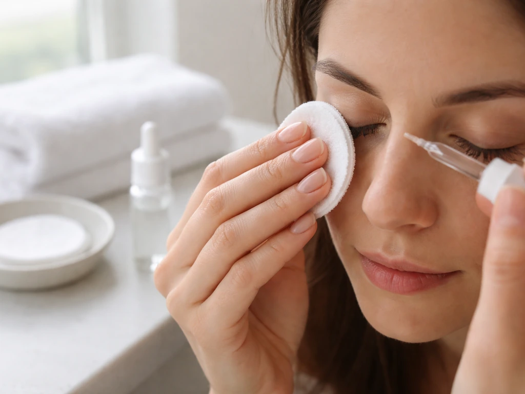 Close-up of a person’s hands applying a gentle lash serum with a soft cleansing tool on a vanity