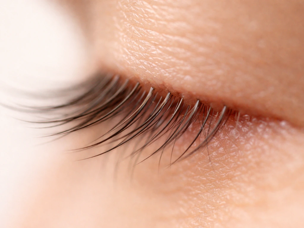 Macro view of eyelashes emerging from eyelid follicles with angled direction from the eyelid margin.