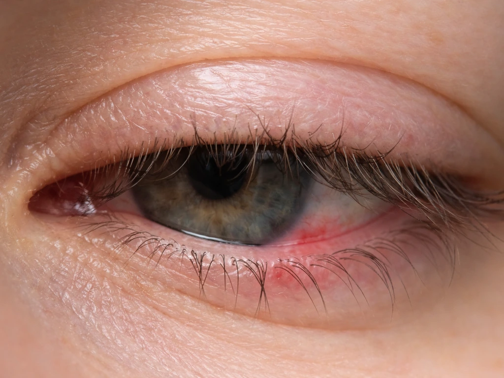 Macro close-up of an eyelid with a few inward-turned lashes rubbing the eye surface.