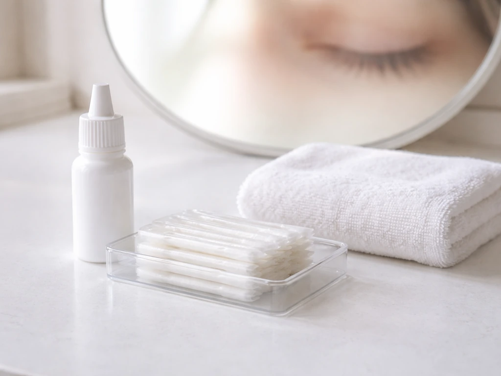 Eyelid hygiene products neatly laid out on a bathroom counter for safe at-home lash care.