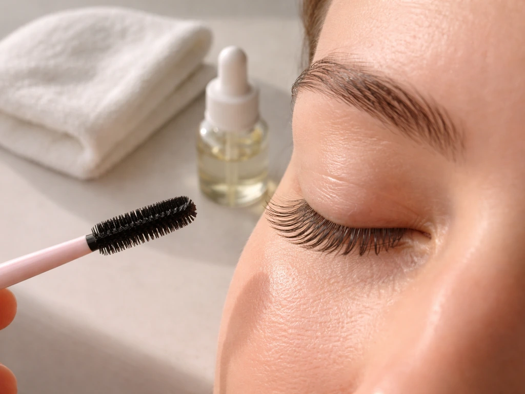 Overhead close-up of natural upper eyelashes gently groomed with a clean cloth and lash wand at home.