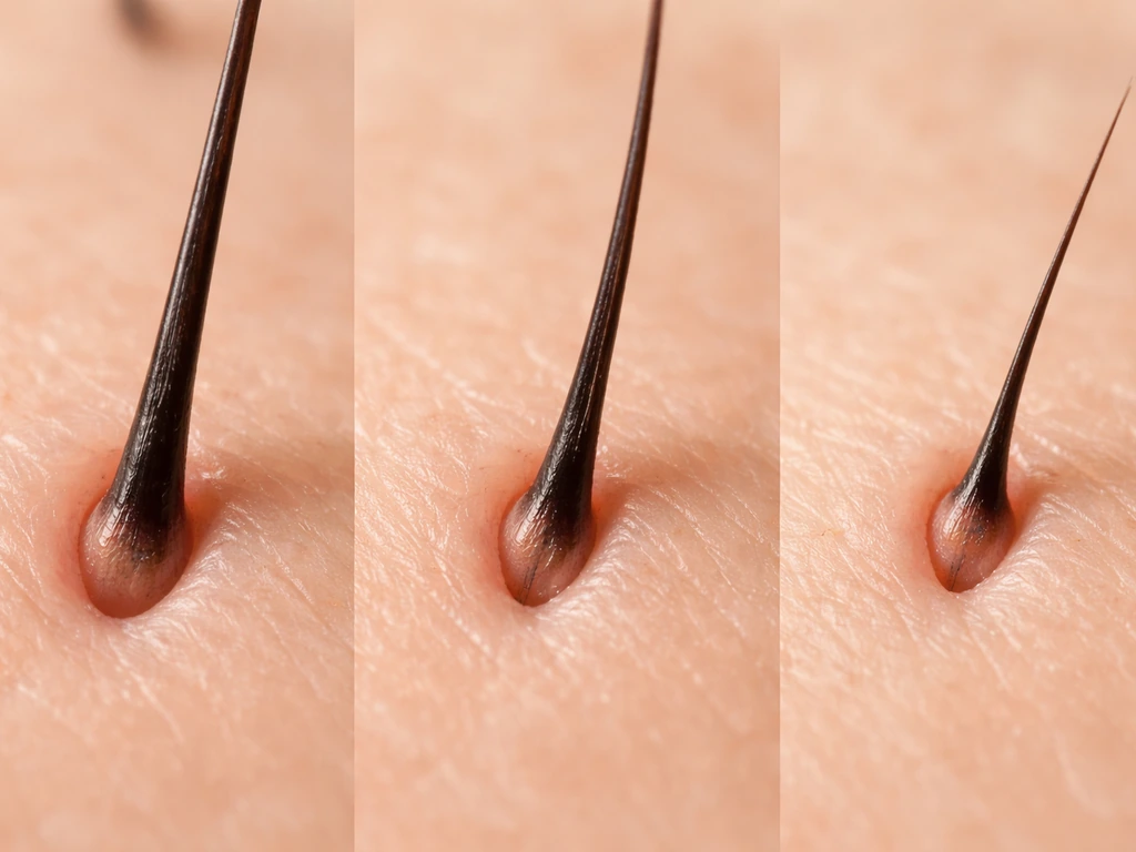 Macro view of a single eyelash follicle showing growth, transition, and shedding phases.