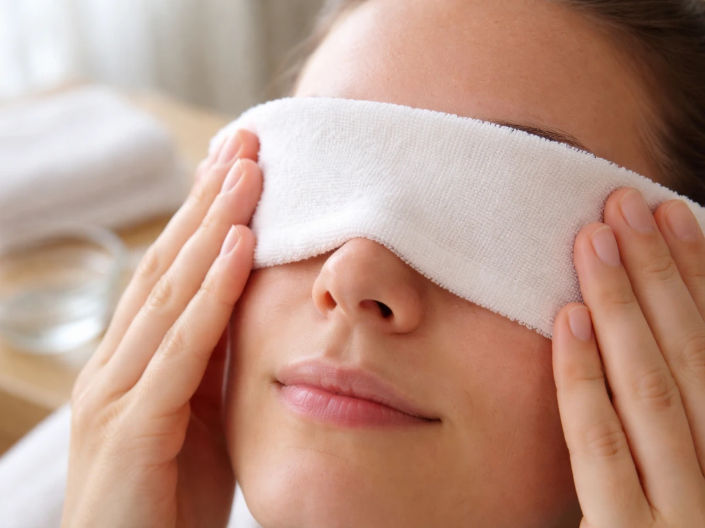 Warm compress held over closed eyes with a clean cloth and small hygiene items nearby