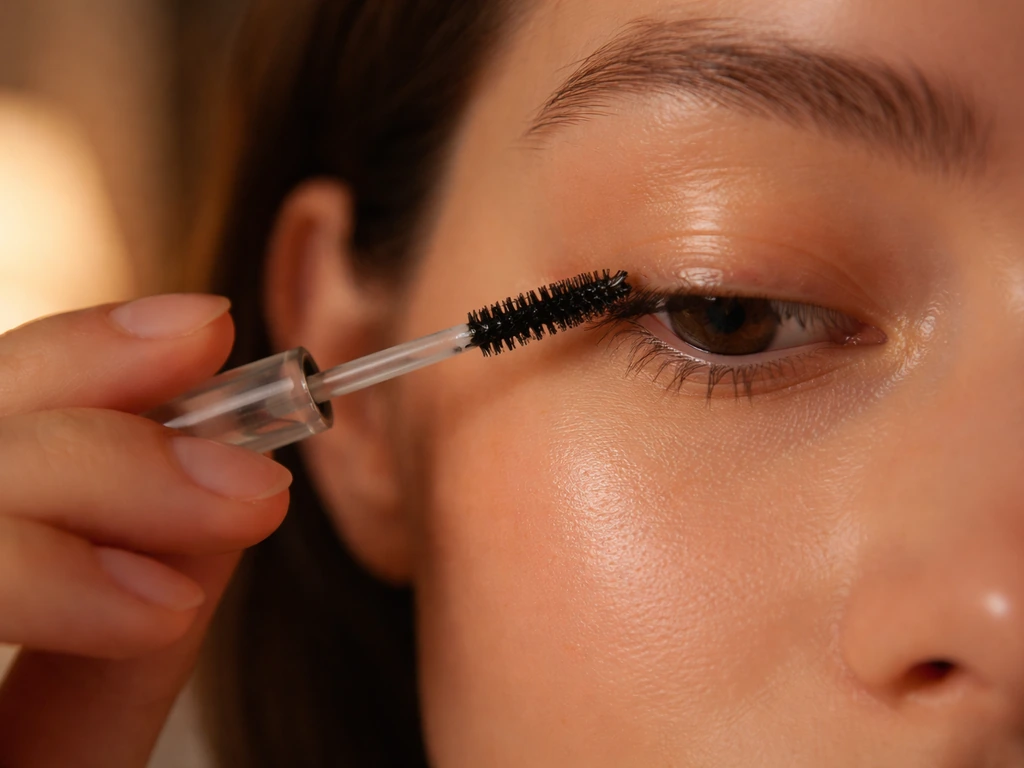 Close-up of a hand using a clean mascara wand to apply nourishing oil along the upper lash line at night