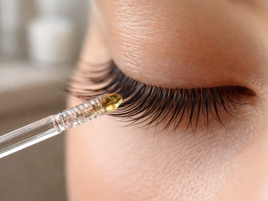 Macro close-up of natural eyelashes being gently conditioned with a tiny olive oil applicator tip.