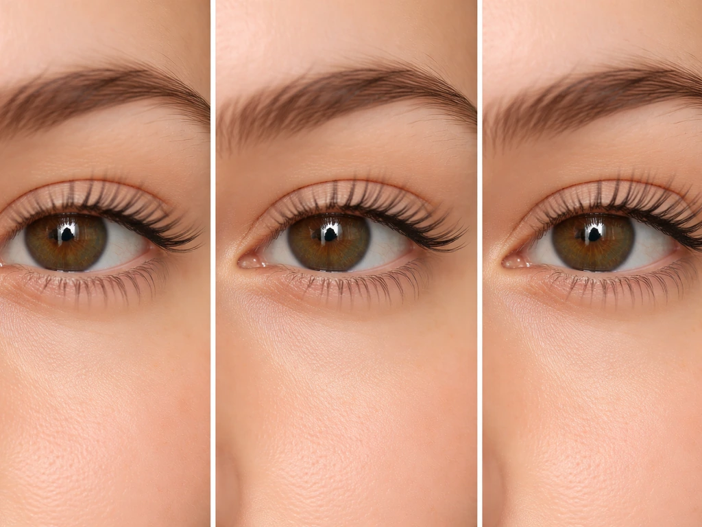 Close-up of eyelid and lashes showing baseline, mid-growth, and longer lash stages in one image.