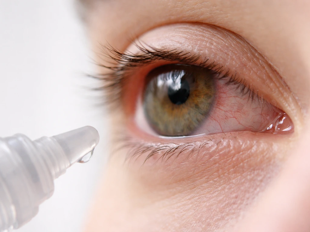 Close-up of an eye with mild redness and a dry, watery look beside a clean eye-drop bottle tip