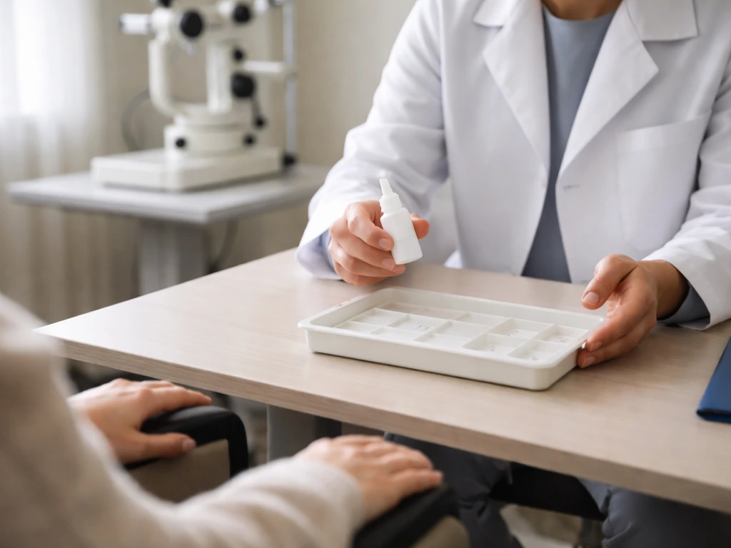 Doctor in a quiet eye clinic reviews medicated drop options with a patient’s hand visible.