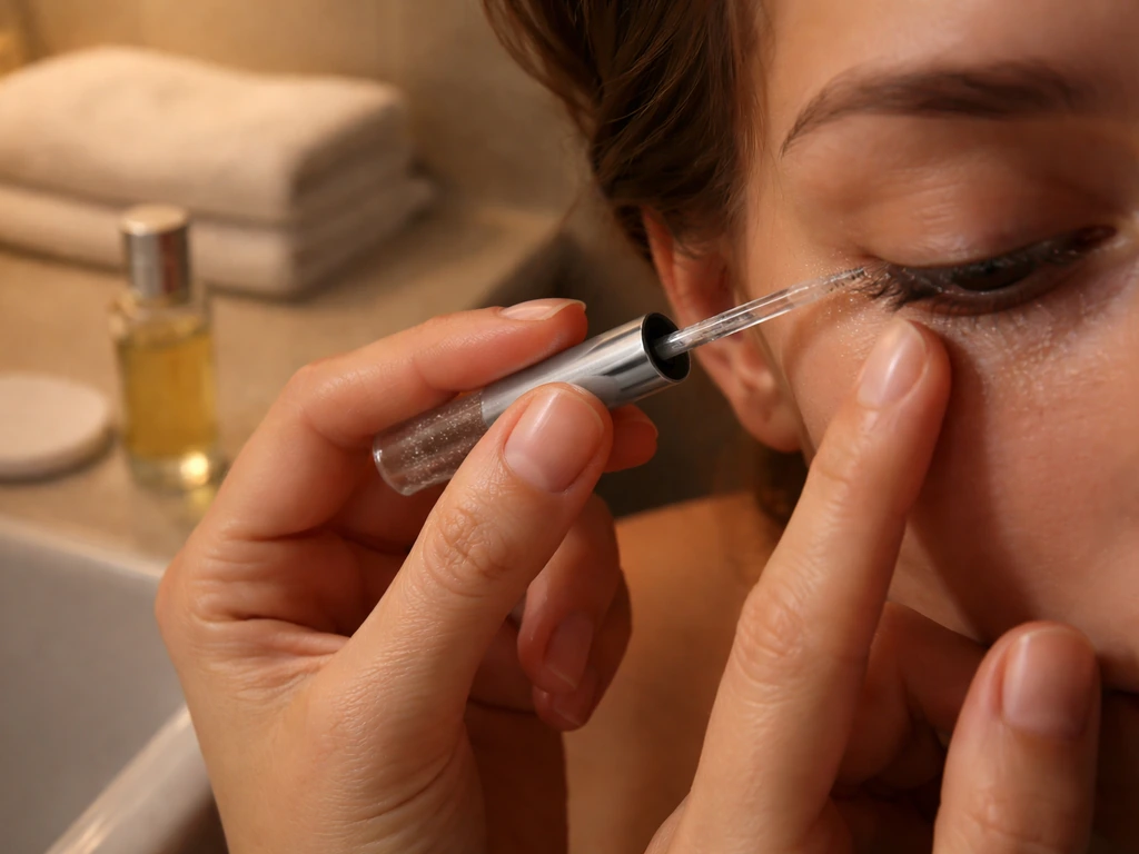 Hands applying lash serum to eyelashes with a clean applicator in a bathroom at night