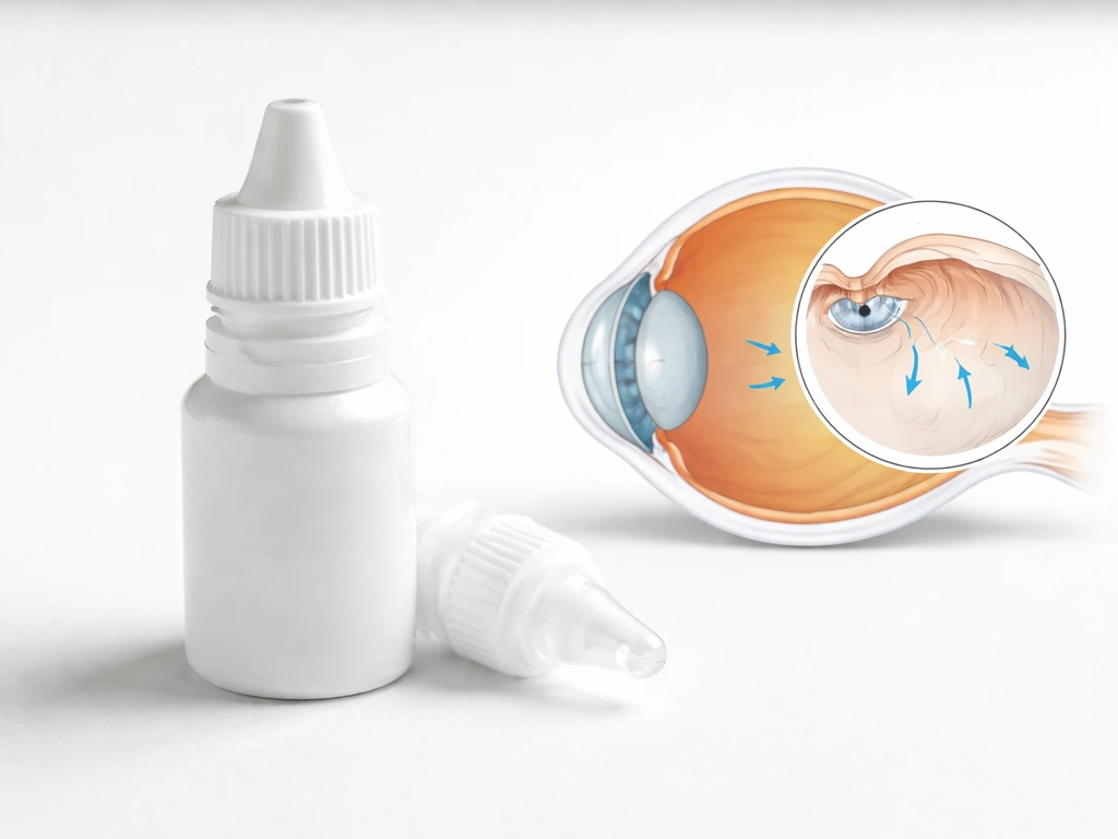 Close-up of an eye-drop bottle and dropper next to a simple eye cross-section showing reduced fluid production.