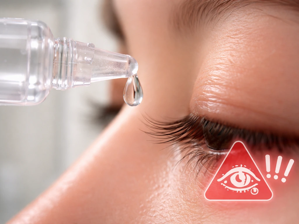 Close-up of an eye drop touching skin near the lash line, with a caution-style visual emphasizing irritation risk.