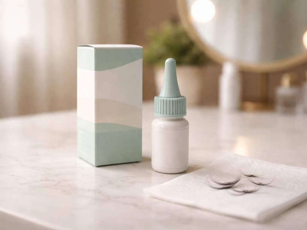 Minimal photo of a prescription-style eyelash treatment bottle and carton on a vanity with a few lashes.