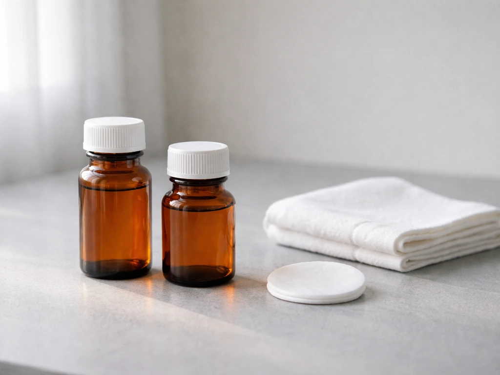 Minimal desk scene with two small unlabeled pill bottles side by side, suggesting medical options comparison