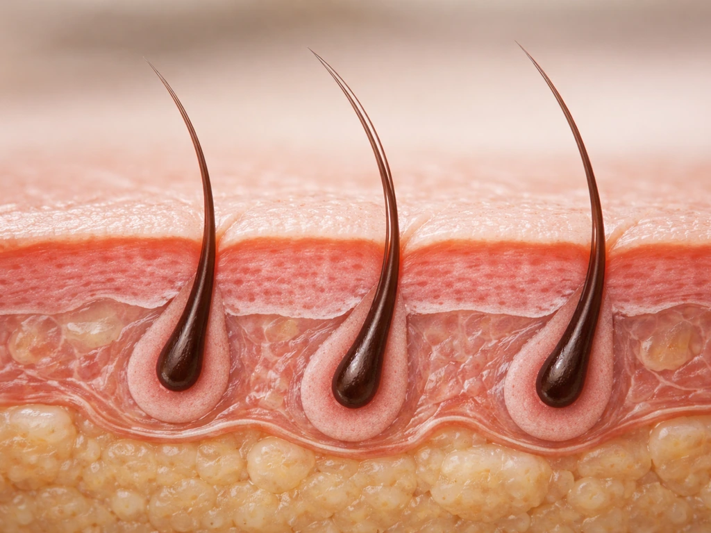 Macro view of simplified eyelash follicles under eyelid skin with lash growth direction.
