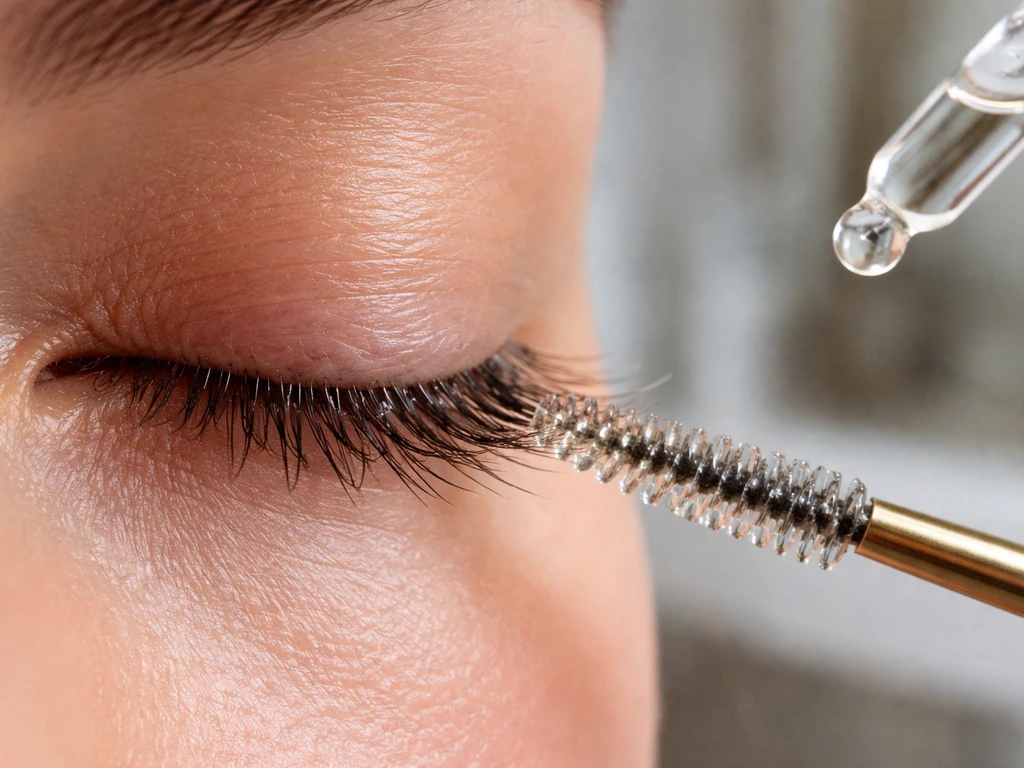 Close-up of lash hairs being gently coated with a conditioning oil using a spoolie