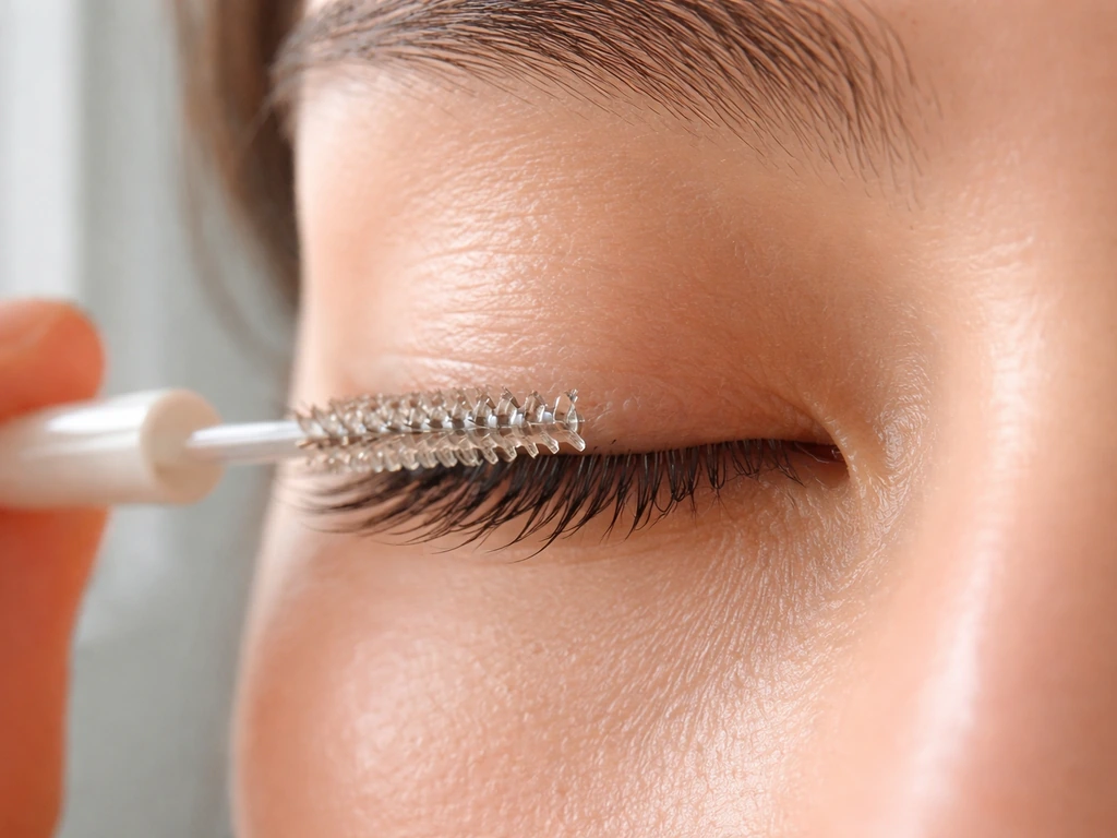 Close-up of a clean spoolie applying a tiny amount of clear oil along the lash line.