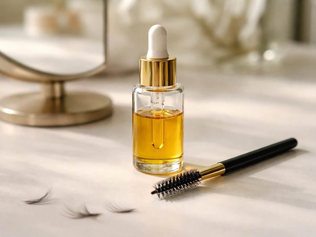 Close-up of an eyelash wand beside a small bottle of plant-based oil on a clean vanity