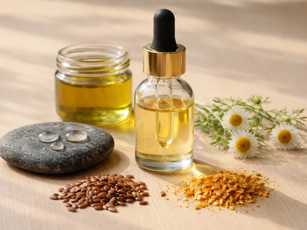 Close-up still life of visible hair-oil ingredients: castor oil dropper, coconut oil droplets, olive jar, chamomile.