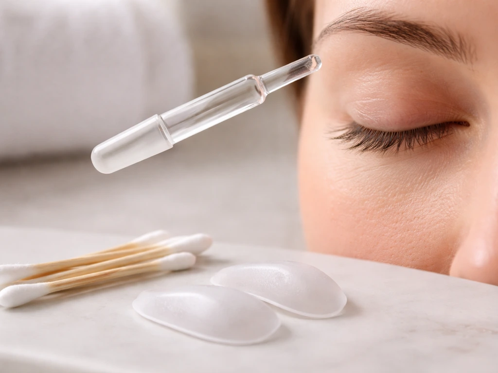 Clean eye-safety setup with eye shields and cotton swabs, dropper held away from the lash line