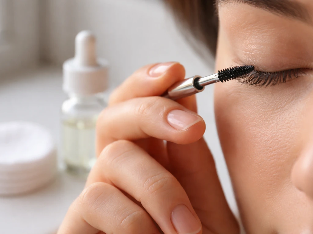 Person applying a tiny amount of lash oil at the lash line with a clean lash brush and cotton pad nearby