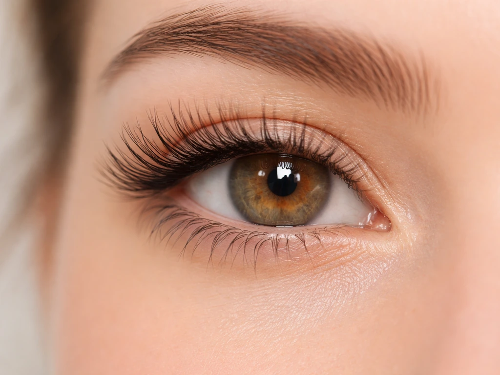 Close-up of an eye showing upper eyelashes in soft natural light with a clean, neutral background.