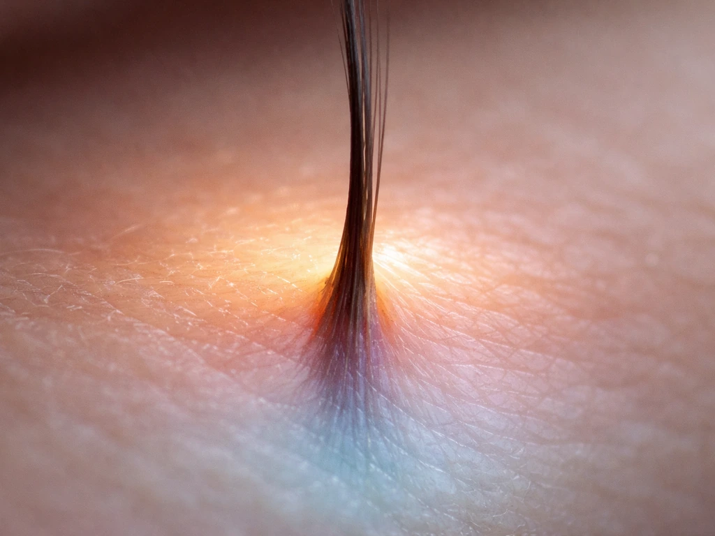 Macro view of an eyelash follicle with subtle phases of the growth cycle suggested around the lash base.