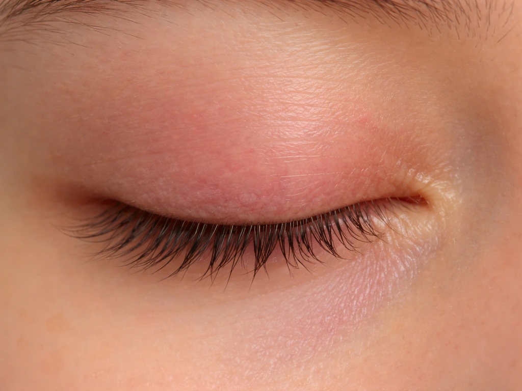 Close-up of a person’s closed eye with mildly irritated, reddened eyelid skin near the lash line.
