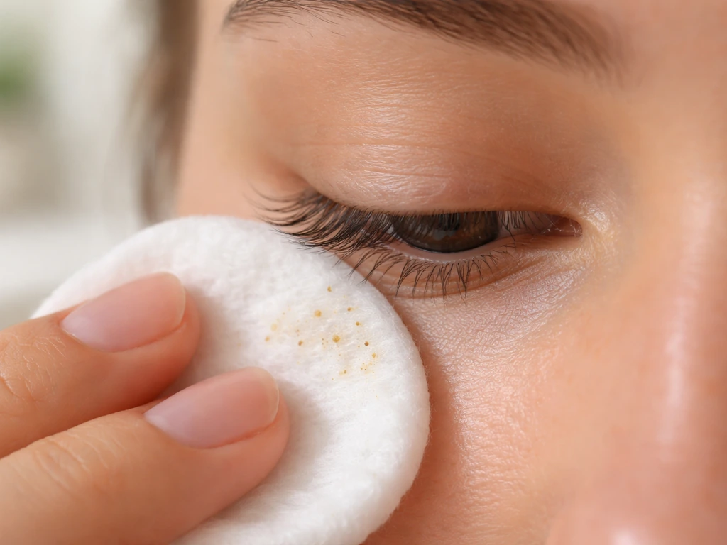 Close-up of a cotton pad gently wiping the lash line to remove debris and old oil makeup.