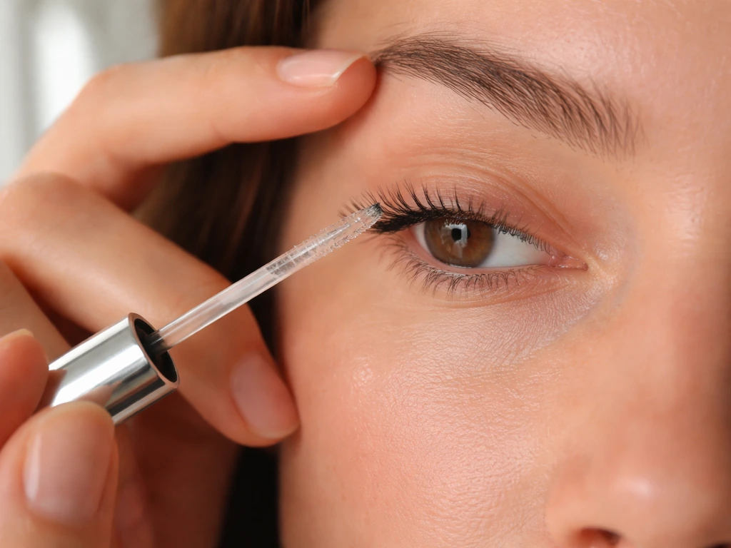 Anonymous hands apply clear lash serum along the upper lash line with a slim applicator brush.
