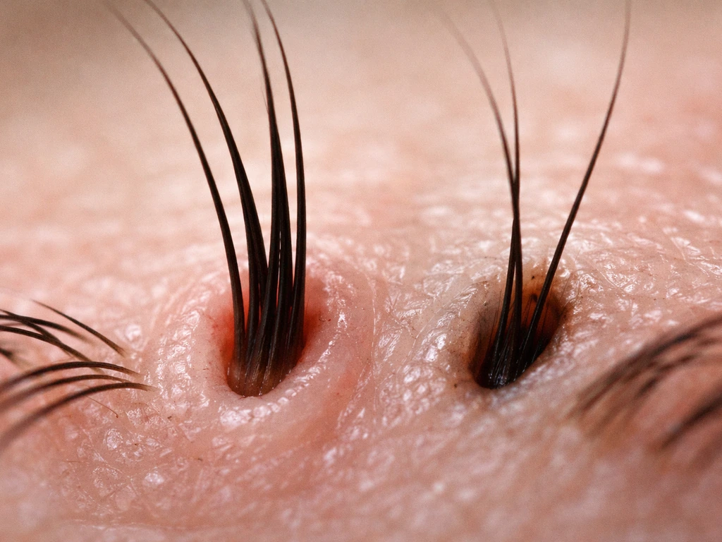 Macro view of eyelash follicles at the eyelid margin showing growth vs resting phases.