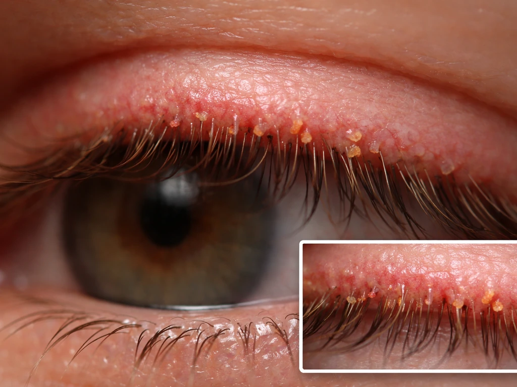 Close-up of an eyelid margin in focus with a small educational inset suggesting eyelid inflammation.
