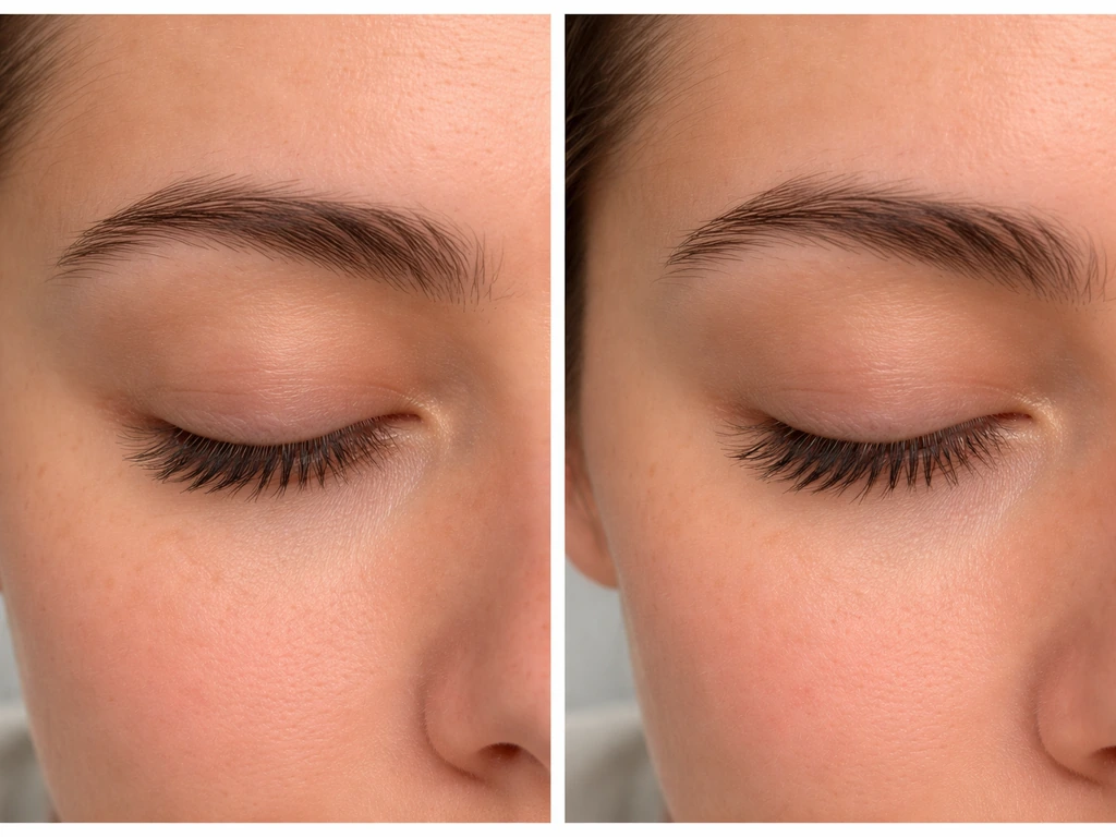 Split close-up showing thinner lashes on one side and fuller regrowth lashes on the other.