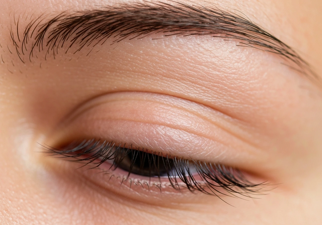 Close-up of an upper lash line showing staggered lash rows anchored at the lid margin