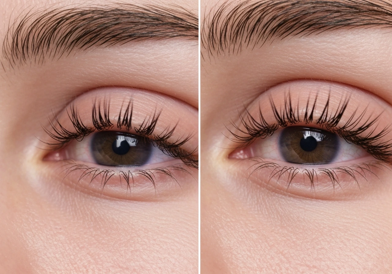 Split close-up showing lashes with inward misalignment versus normal outward growth direction