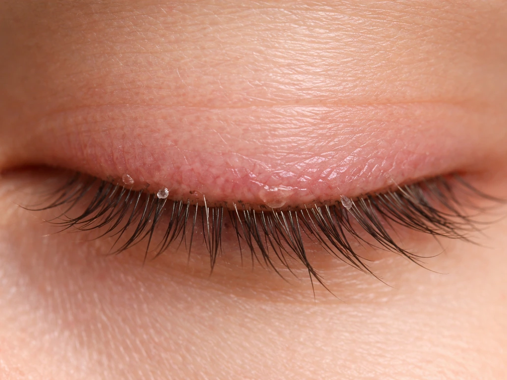 Close-up of an eyelid margin with slight redness and clear adhesive residue near the lash line.